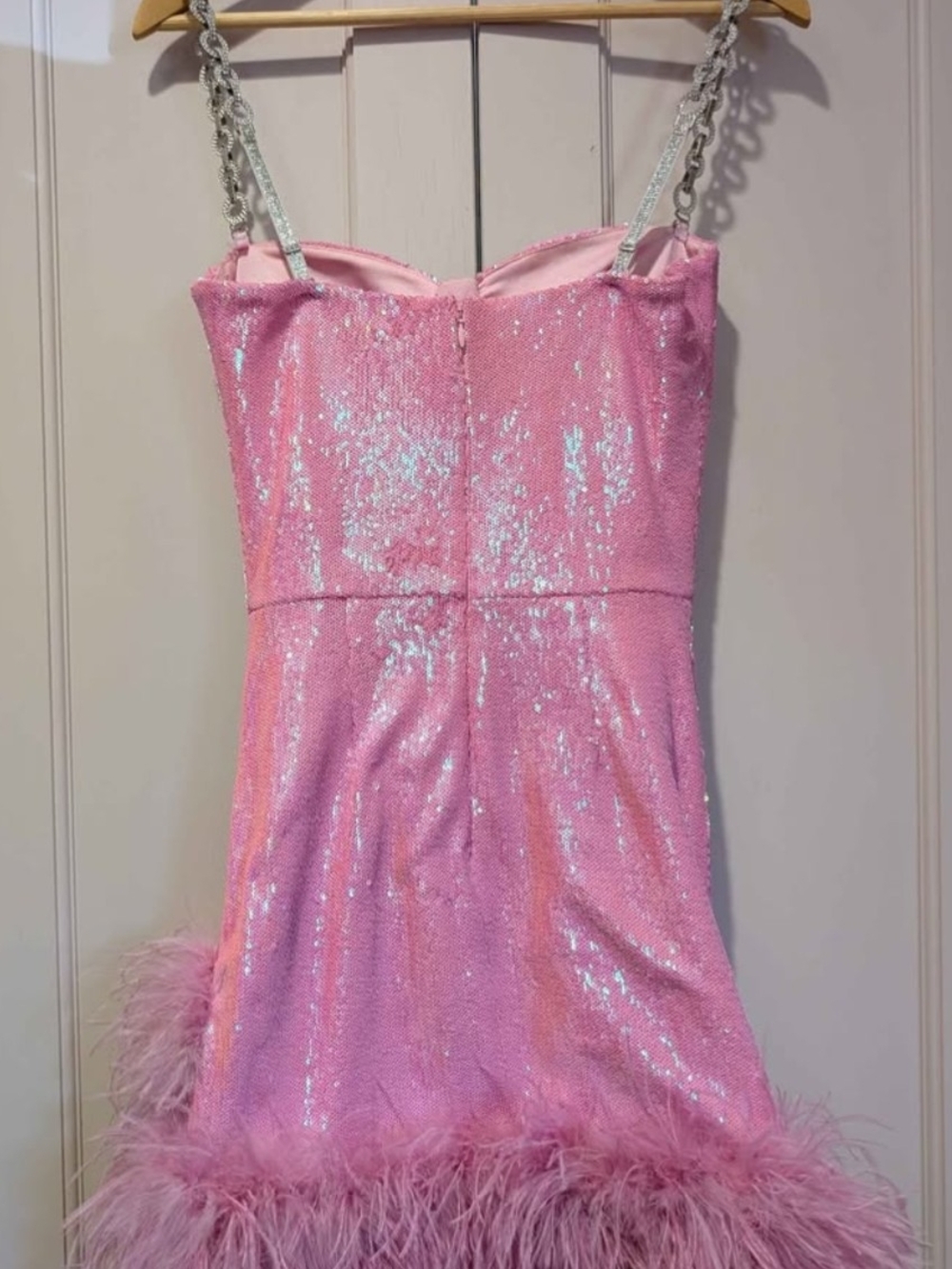 NADINE MERABI Pink Sequin Mini Dress with Feather Hem - Picture 4 of 5